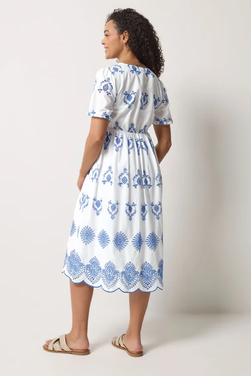 M&Co White & Blue Embroidered Midi Dress - 14 Image 4