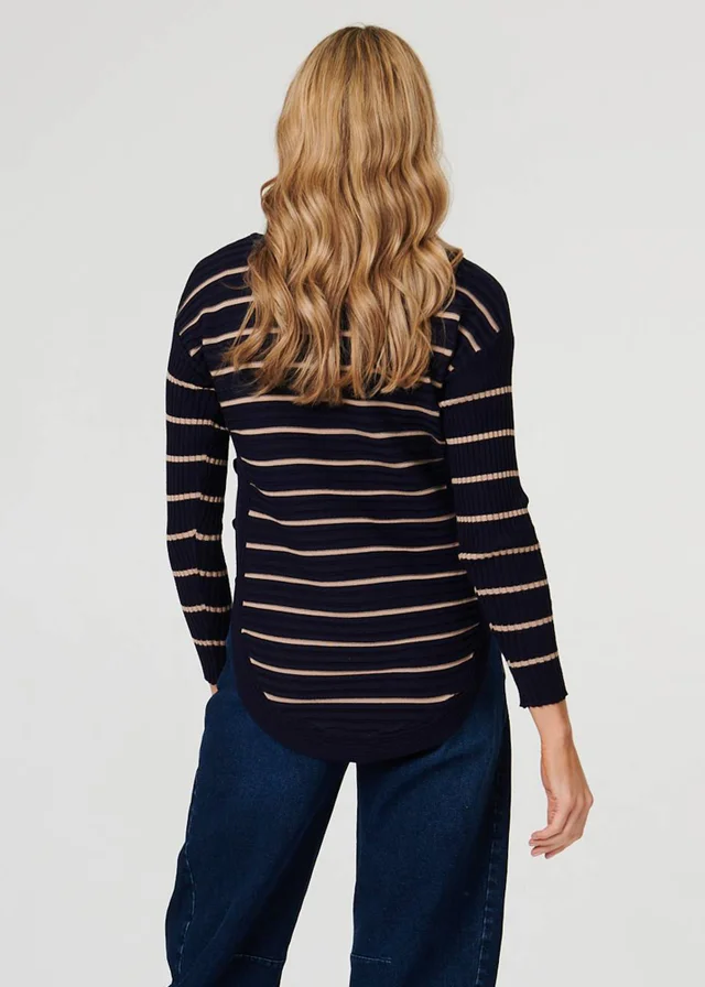 Izabel London Navy Striped Zip-Neck Textured Knit Top