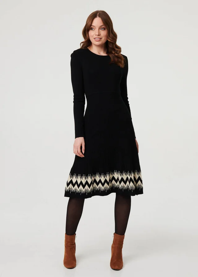 Izabel London Black Border Print Knee Length Knit Dress