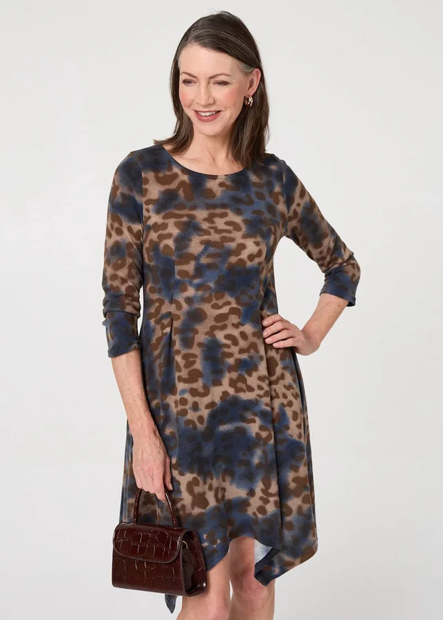 Izabel London Blue Animal Print Hanky Hem Knee Length Dress