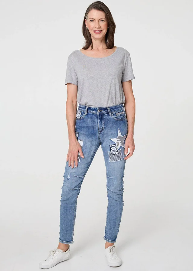Izabel London Blue Star Patchwork Detail Skinny Jeans