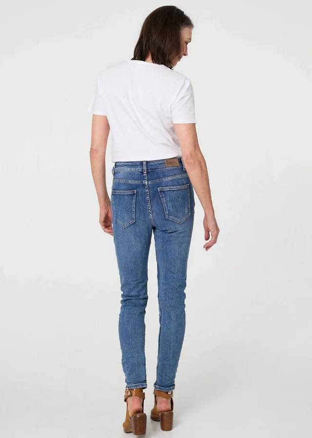 Izabel London Blue Patchwork Detail Frayed Skinny Jeans