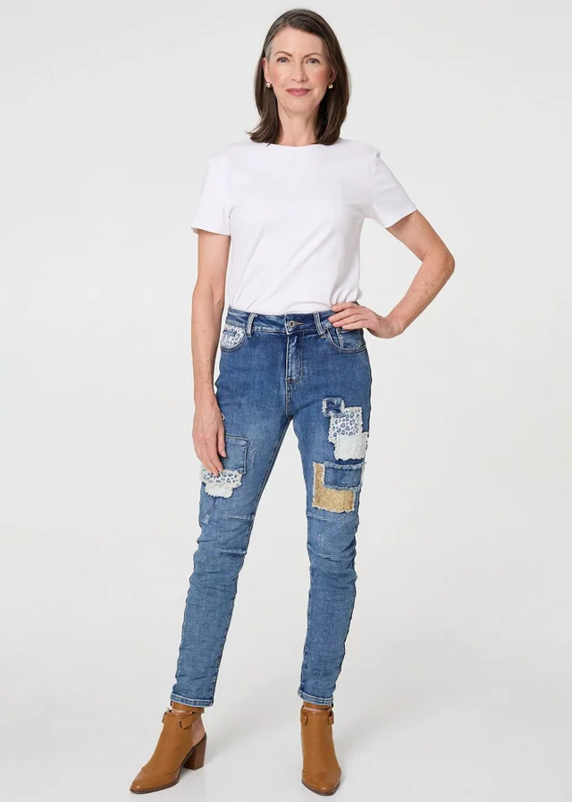 Izabel London Blue Patchwork Detail Frayed Skinny Jeans