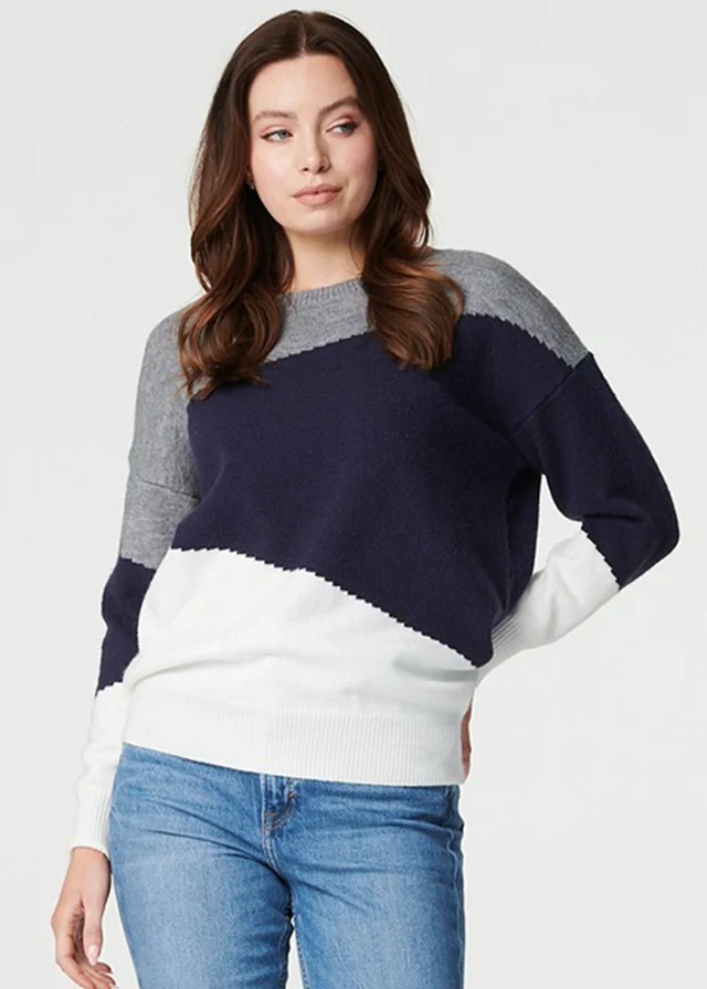 Izabel London Navy Colour Block Relaxed Knit Sweater