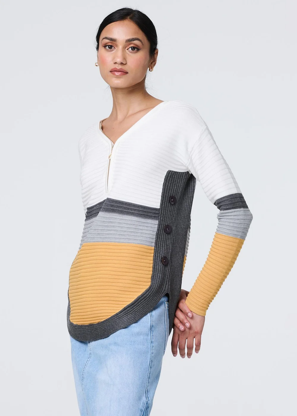 Izabel London Mustard Colour Block Zip Detail V-Neck Jumper - 14 Image 1