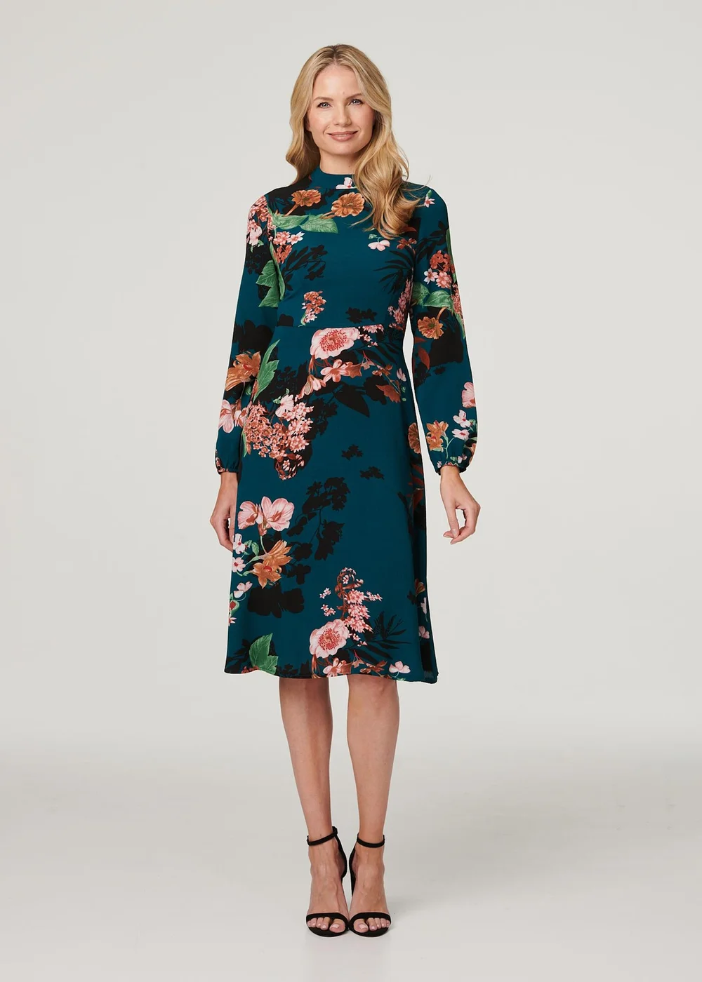 Izabel London Teal Floral Long Sleeve High Neck Midi Dress - 12 Image 1