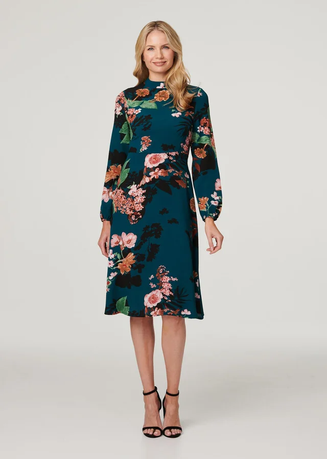 Izabel London Teal Floral Long Sleeve High Neck Midi Dress