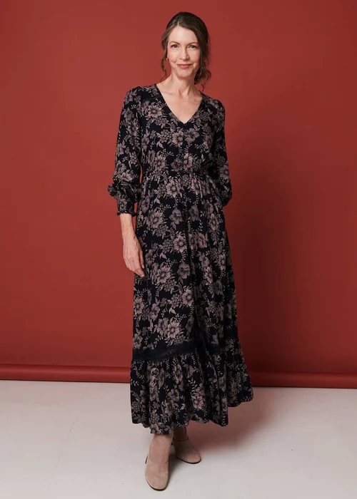 Izabel London Navy Floral Lace Long Sleeve Maxi Dress - 12 Image 1