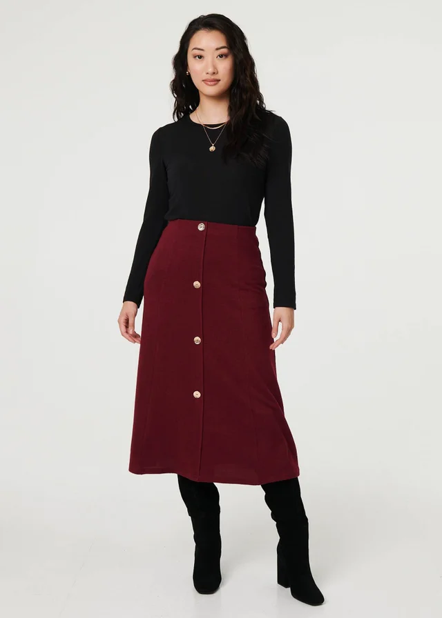 Izabel London Red Buttoned High Waist A-Line Midi Skirt