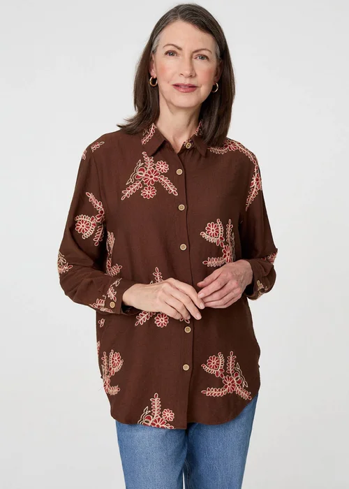 Izabel London Brown Floral Stitch Detail Long Sleeve Shirt - 14 Image 1
