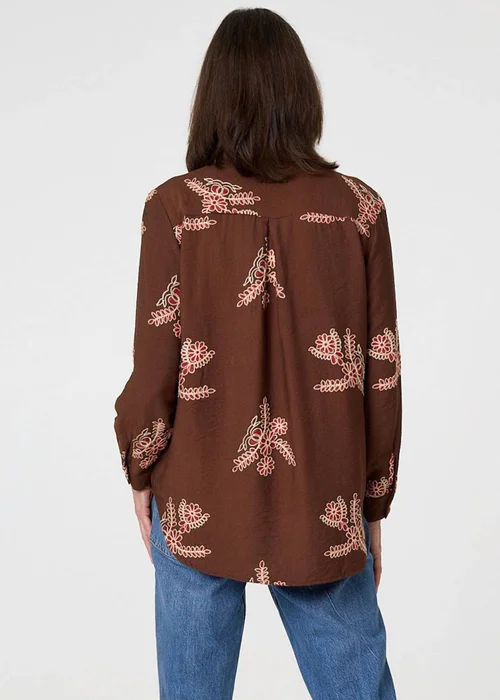 Izabel London Brown Floral Stitch Detail Long Sleeve Shirt - 14 Image 2