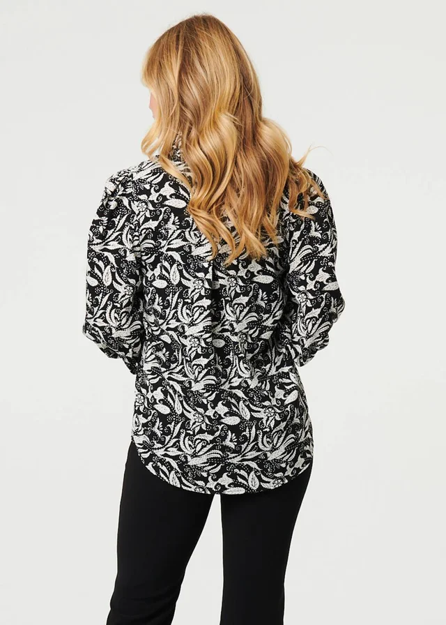 Izabel London Black Leaf Print Long Balloon Sleeve Shirt
