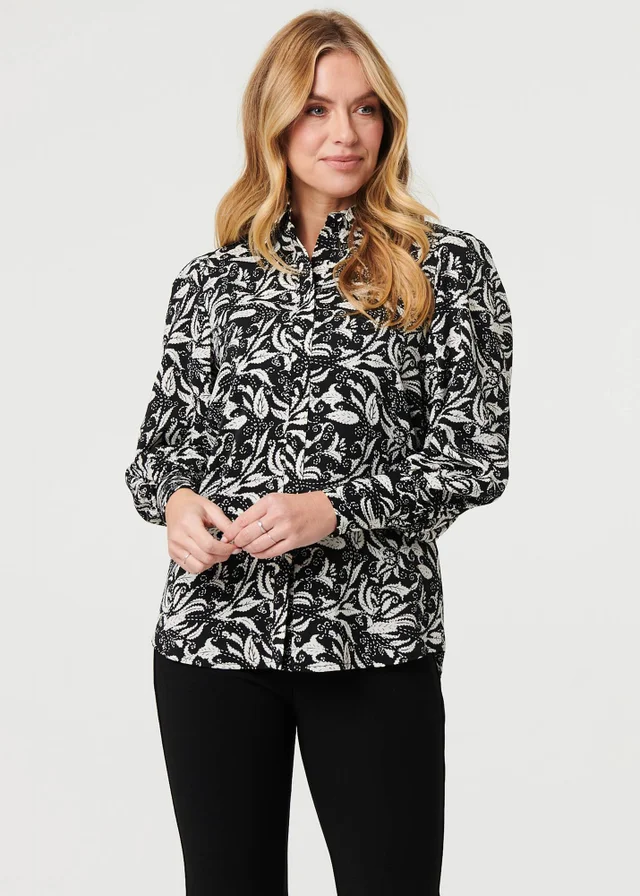 Izabel London Black Leaf Print Long Balloon Sleeve Shirt