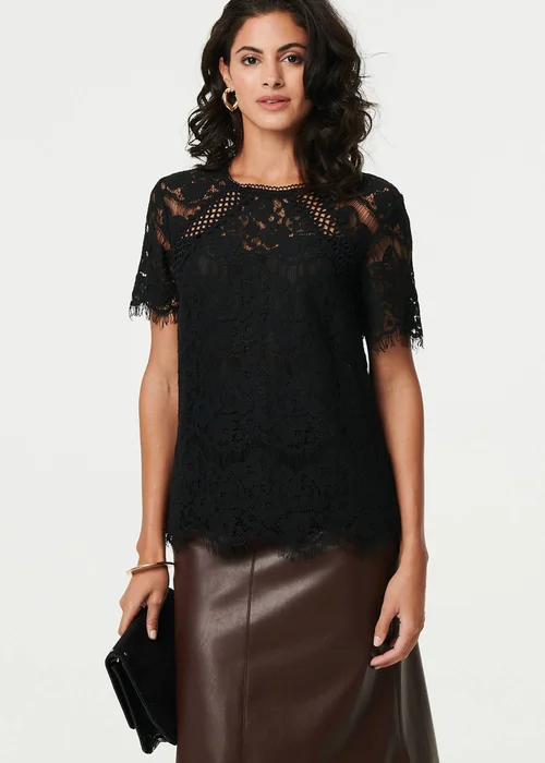 Izabel London Black Lace Overlay Short Sleeve Blouse - 8 Image 1
