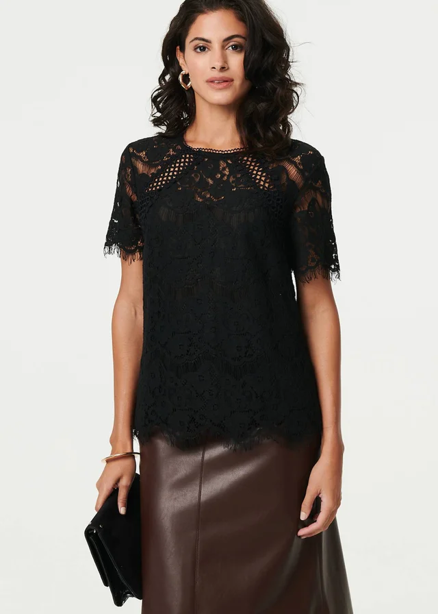 Izabel London Black Lace Overlay Short Sleeve Blouse