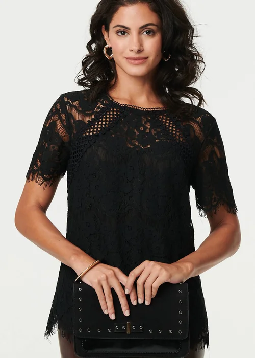 Izabel London Black Lace Overlay Short Sleeve Blouse - 8 Image 3