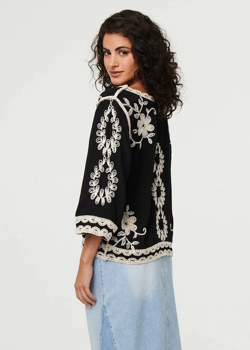 Izabel London Black Floral Embroidered 3/4 Sleeve Blouse - M/L Image 2