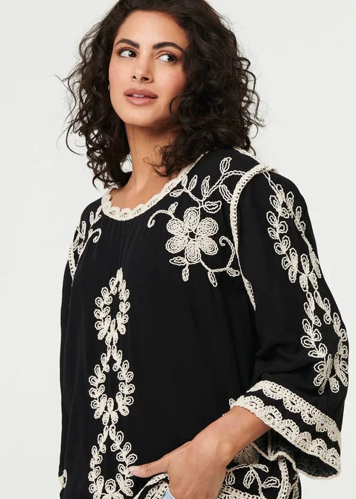 Izabel London Black Floral Embroidered 3/4 Sleeve Blouse - M/L Image 3