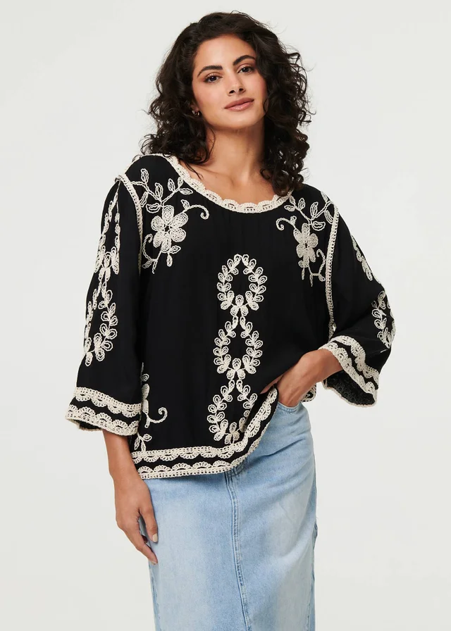 Izabel London Black Floral Embroidered 3/4 Sleeve Blouse