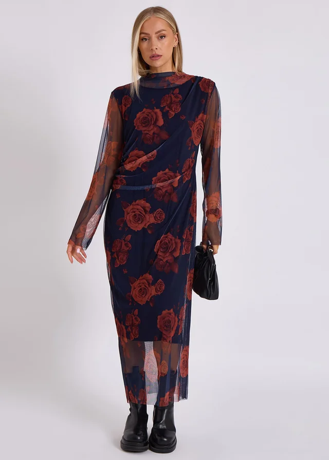 Gini London Navy Print Mesh Midi Dress
