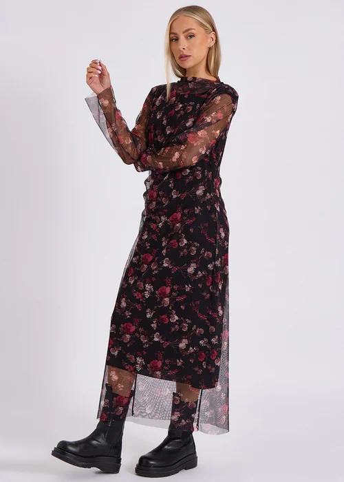 Gini London Black Print Mesh Midi Dress - S/M Image 4