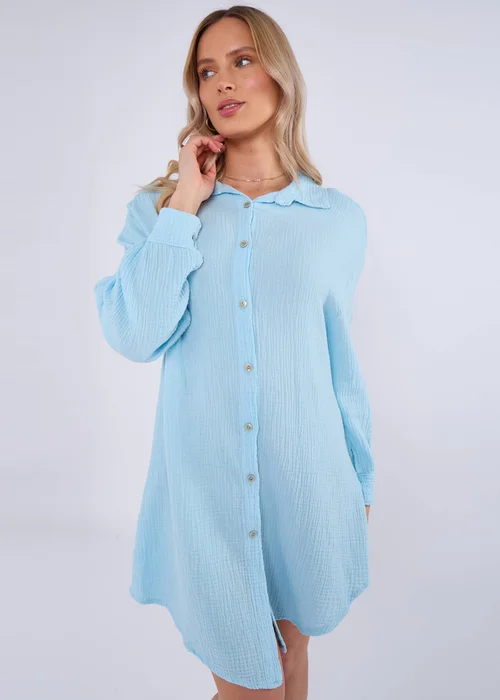 Gini London Blue Cotton Textured Oversized Long Shirt - S/M Image 3