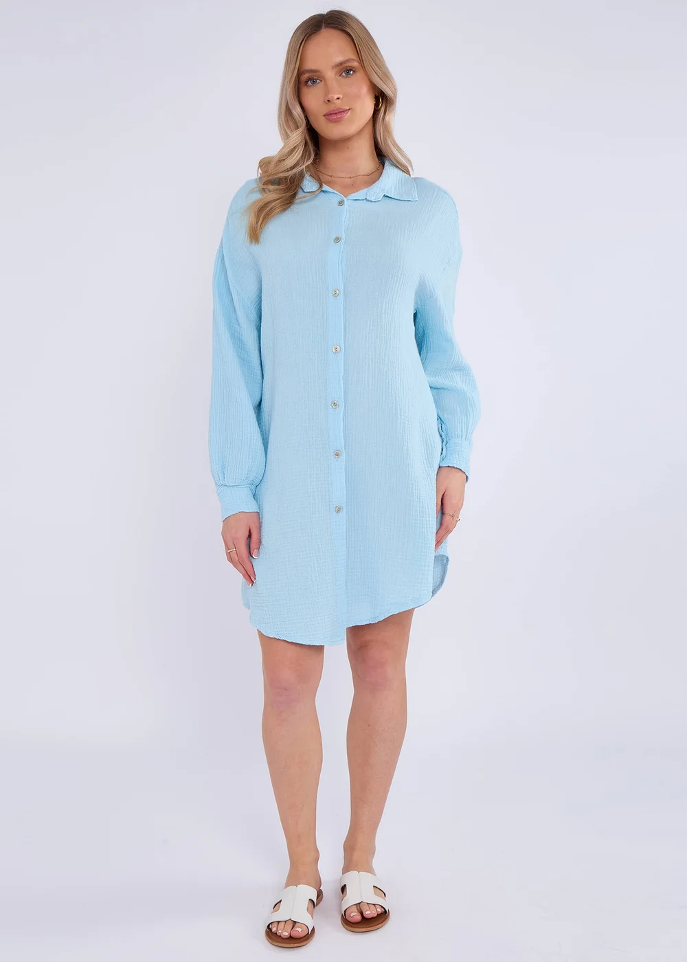 Gini London Blue Cotton Textured Oversized Long Shirt - S/M Image 1