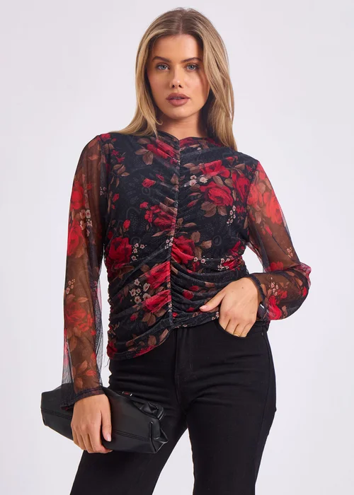 Gini London Red Mesh Printed Ruched Front Top - S/M Image 1
