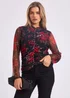 Gini London Red Mesh Printed Ruched Front Top - S/M Image 1
