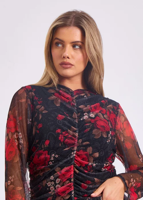 Gini London Red Mesh Printed Ruched Front Top - S/M Image 3