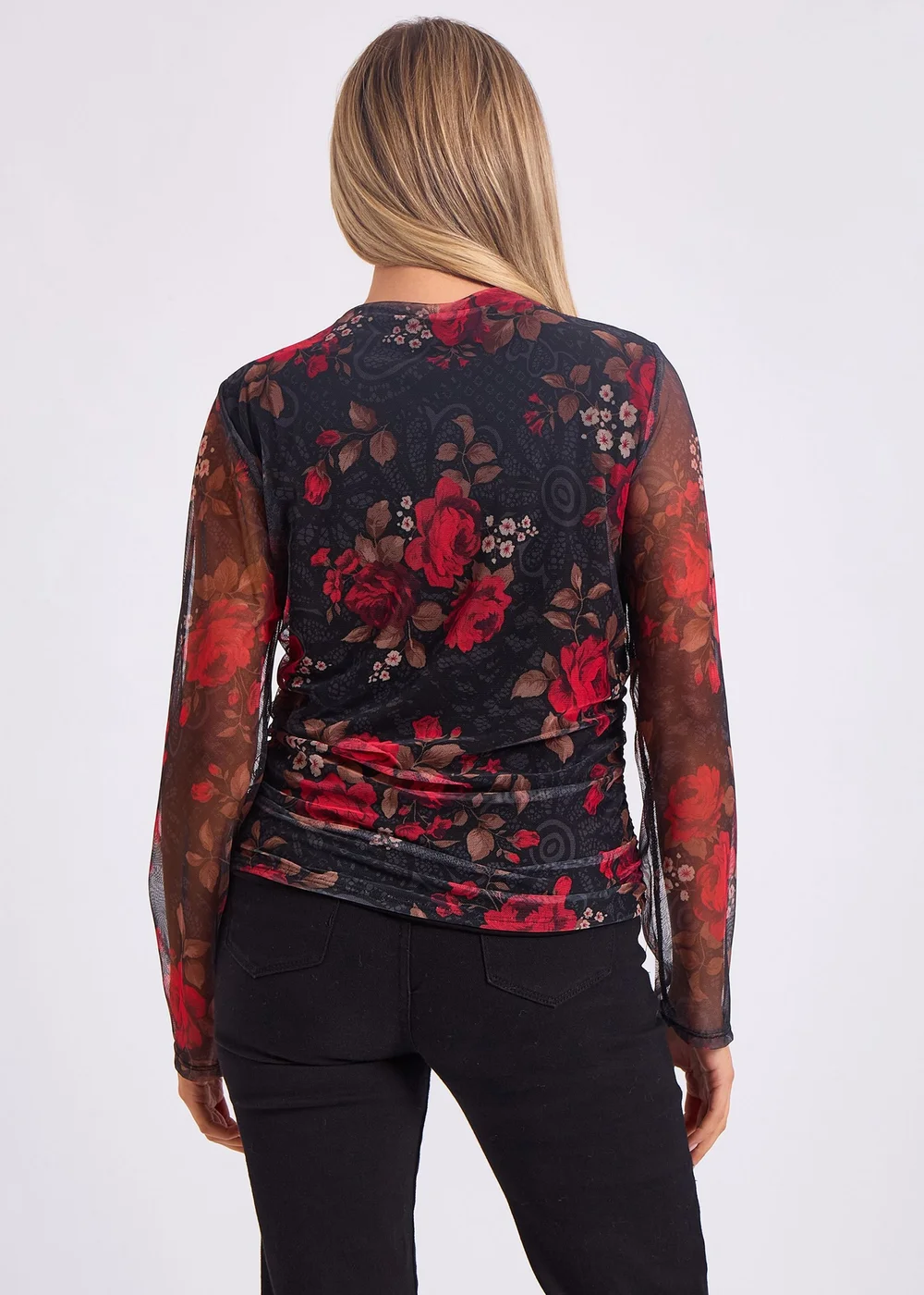 Gini London Red Mesh Printed Ruched Front Top - S/M Image 2