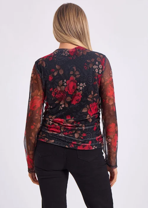 Gini London Red Mesh Printed Ruched Front Top - S/M Image 2