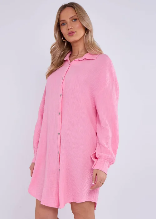 Gini London Pink Cotton Textured Oversized Long Shirt - S/M Image 4