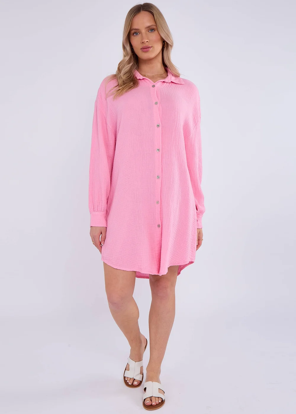 Gini London Pink Cotton Textured Oversized Long Shirt - S/M Image 1