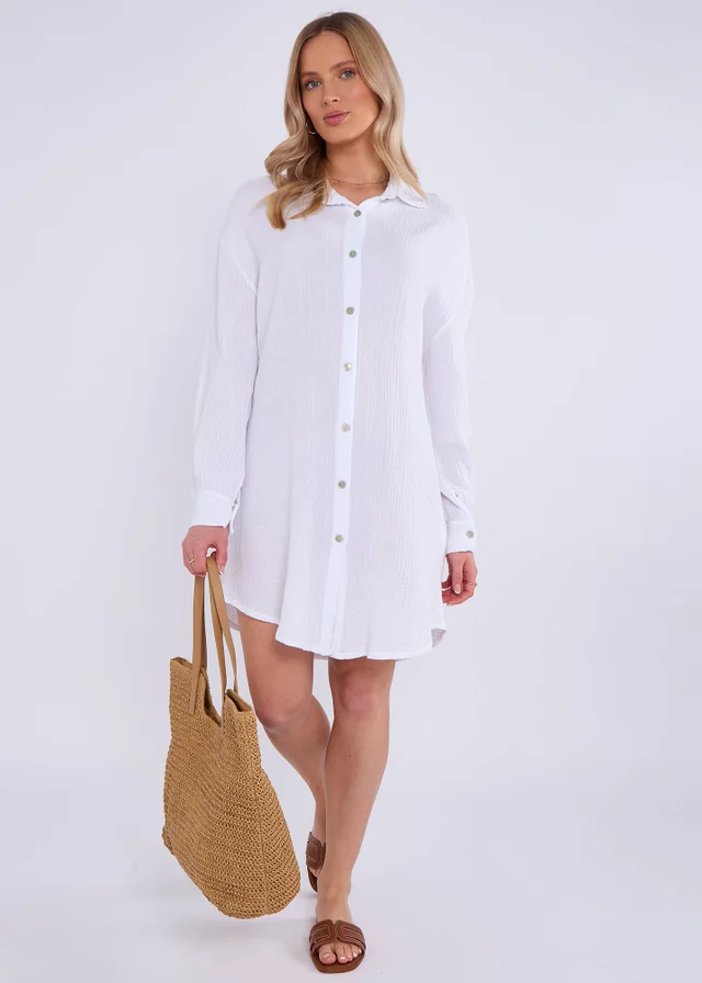 Gini London White Cotton Textured Oversized Long Shirt