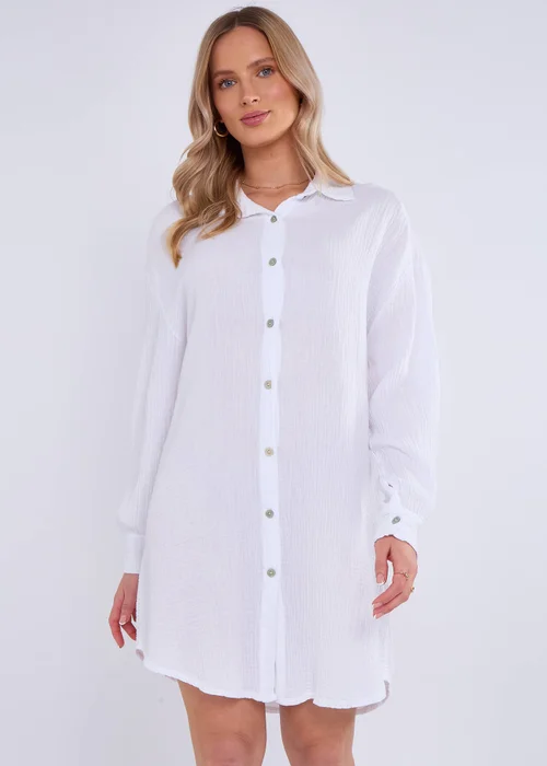 Gini London White Cotton Textured Oversized Long Shirt - M/L Image 3