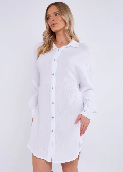 Gini London White Cotton Textured Oversized Long Shirt - M/L Image 4
