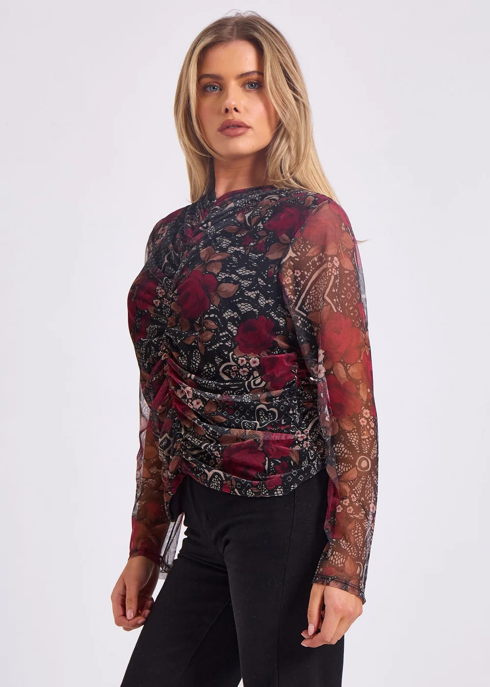 Gini London Burgundy Mesh Printed Ruched Front Top - S/M Image 4
