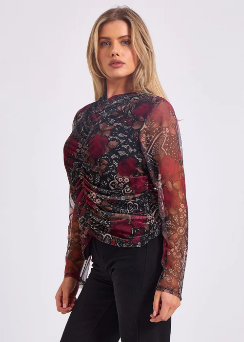 Gini London Burgundy Mesh Printed Ruched Front Top - S/M Image 4