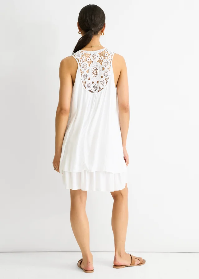 Gini London White Crochet Panel Double Layer Cotton Mini Dress