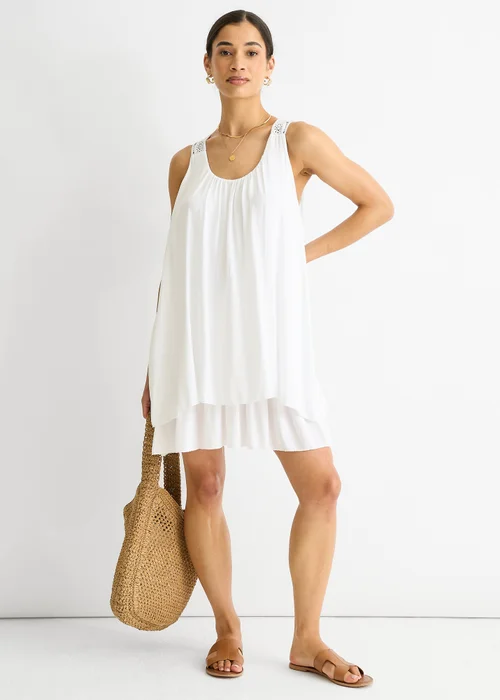 Gini London White Crochet Panel Double Layer Cotton Mini Dress - L/XL Image 1