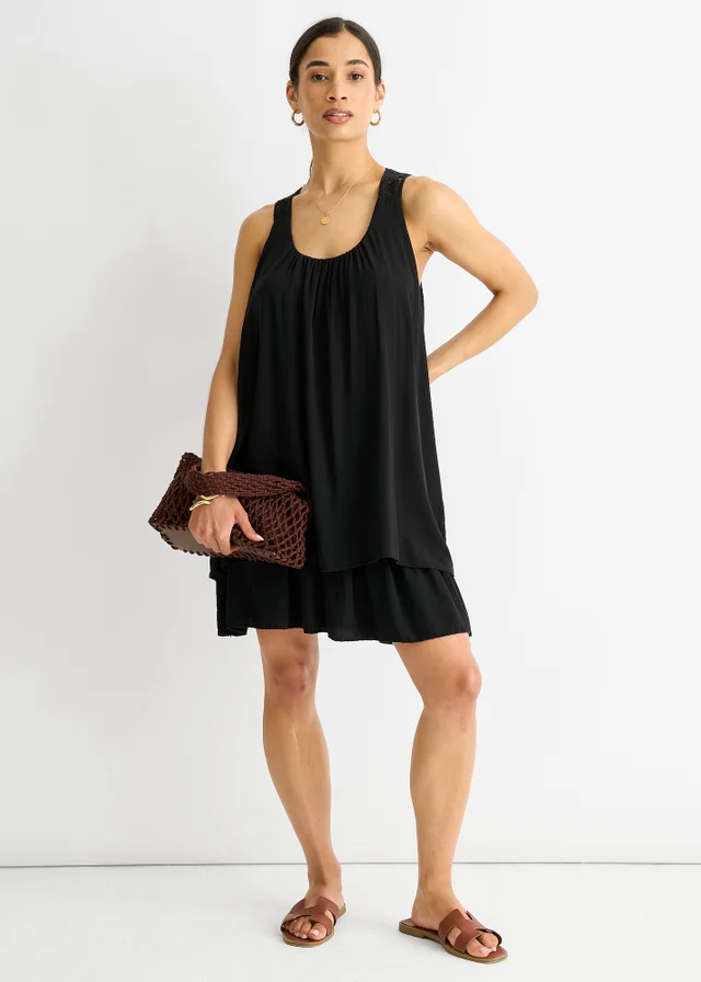 Gini London Black Crochet Panel Double Layer Cotton Mini Dress