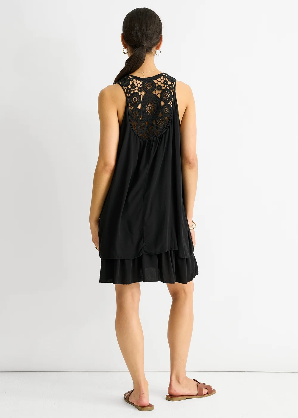 Gini London Black Crochet Panel Double Layer Cotton Mini Dress - M/L Image 2
