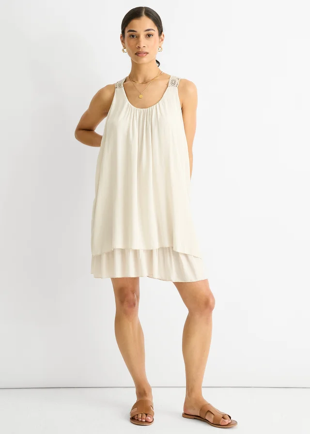 Gini London Beige Crochet Panel Double Layer Cotton Mini Dress