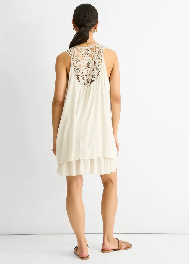 Gini London Beige Crochet Panel Double Layer Cotton Mini Dress