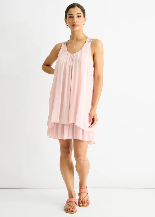 Gini London Pink Crochet Panel Double Layer Cotton Mini Dress - S/M Image 1