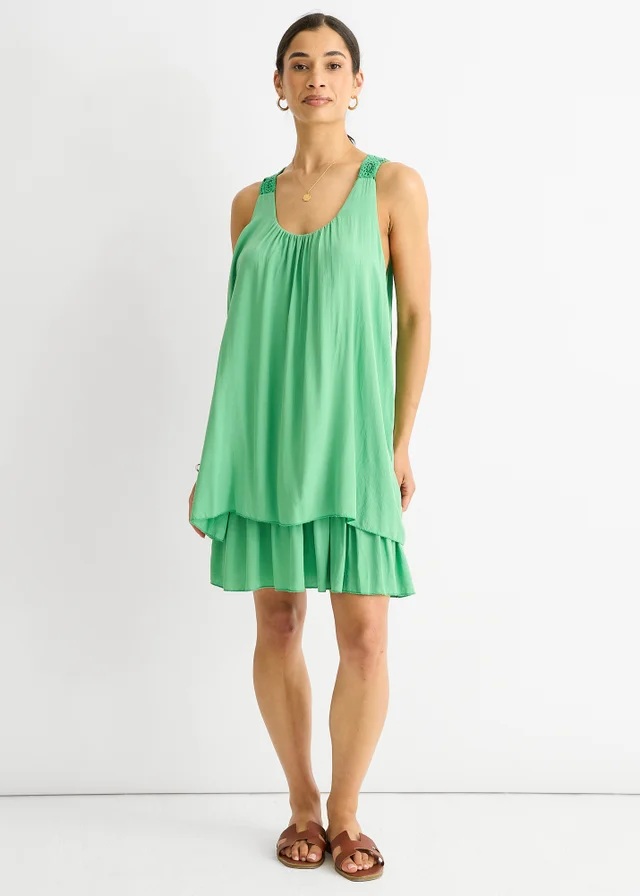 Gini London Green Crochet Panel Double Layer Cotton Mini Dress