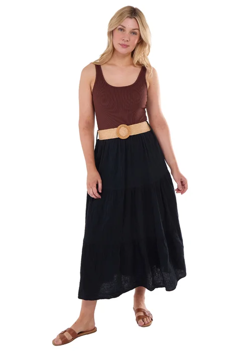 Gini London Black Cotton Seersucker Belted Maxi Skirt - S/M Image 1