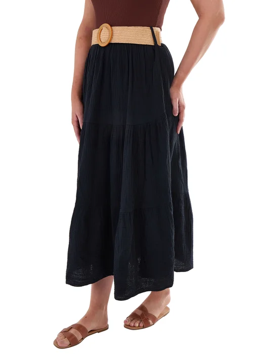 Gini London Black Cotton Seersucker Belted Maxi Skirt - S/M Image 3