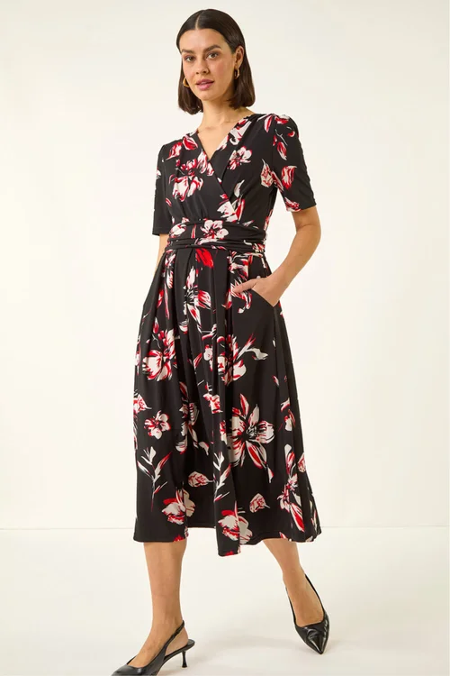 Roman Red Floral Wrap Midi Dress - Size 18 Image 1